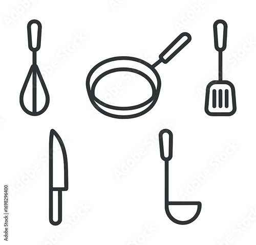 Set of cooking utensils: whisk, pan, spatula, knife, ladle icons