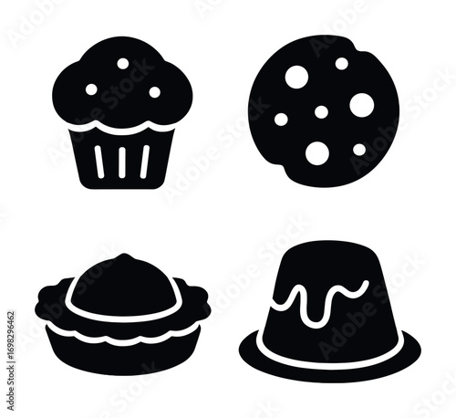 Black silhouette icons of dessert: cupcake, cookie, pie, gelatin
