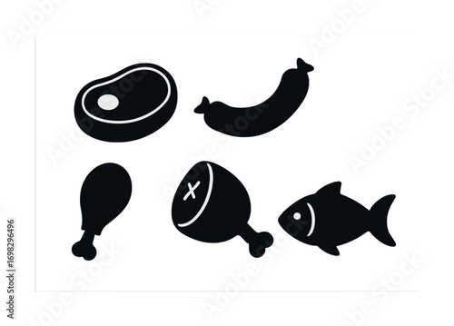 Silhouettes of meat and fish icons: steak, sausage, drumstick, ham, fish