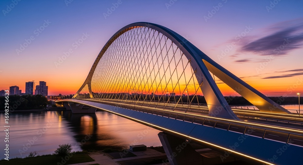 Obraz premium Stunning bridge architecture reflecting on river with colorful twilight sky