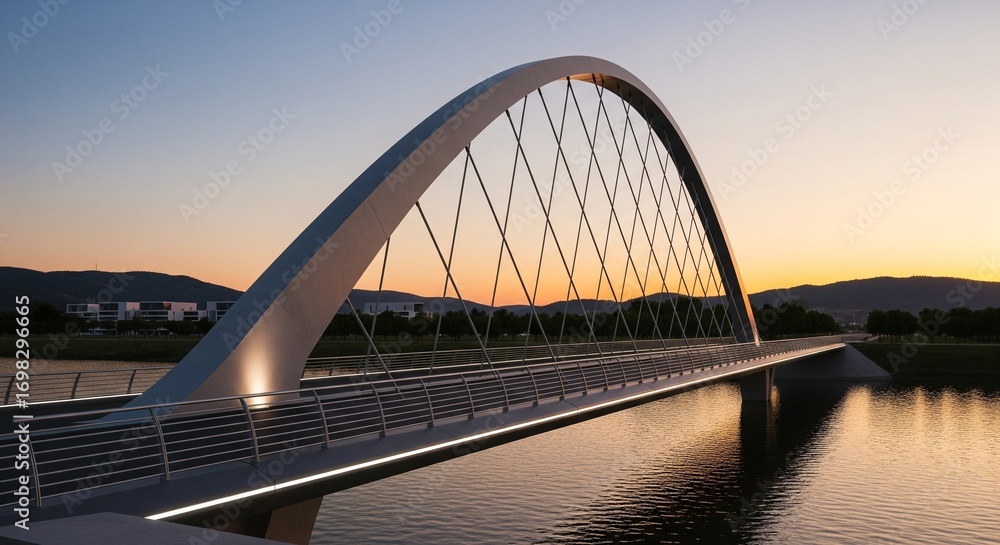 Fototapeta premium Modern Architectural Bridge Spanning Tranquil Waterscape at Dusk