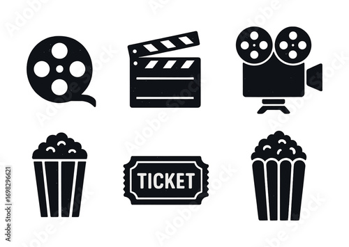 Cinema icons set: film reel, clapperboard, projector, popcorn, ticket