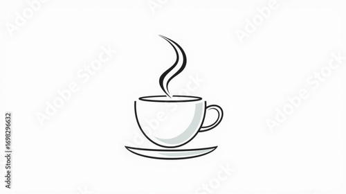 Minimalist line art illustration of a steaming hot cup of coffee on a saucer, representing a morning routine, break time, or a cozy cafe