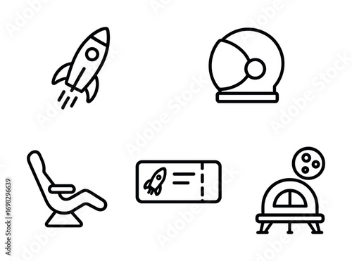 Simple space travel icons including rocket and helmet