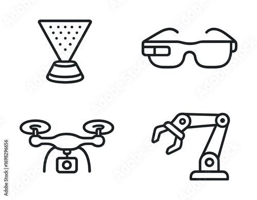 Futuristic gadgets: drone, smart glasses, robotic arm, speaker icons