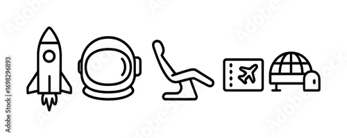 Icons of rocket, astronaut helmet, airplane seat, boarding pass, terminal