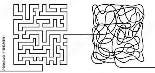 comparing two problem-solving approaches with structured maze on one side and chaotic tangled lines on the other, ordered thinking versus confusion, decision making, strategy, psychology, mental healt