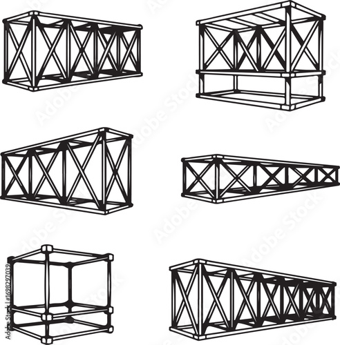 Collection of six hand drawn architectural scaffolding structures isolated on white background