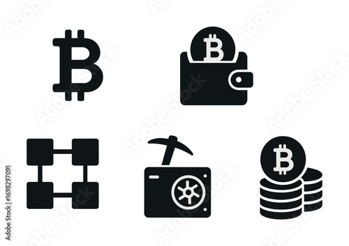 Bitcoin icons: wallet, mining, currency, blockchain, cryptocurrency symbols