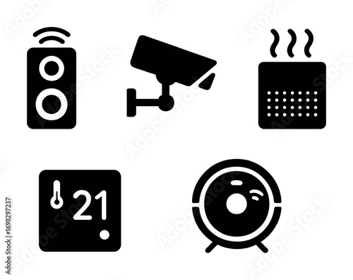 Smart home technology icons: speaker, security camera, heater, thermostat, robot vacuum