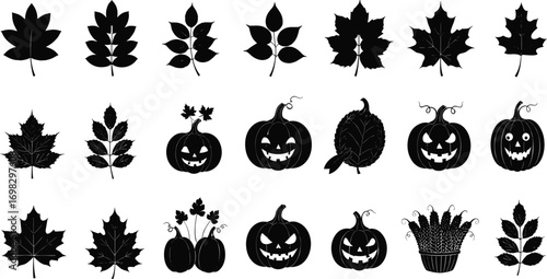 Autumn leaves and pumpkin icons collection, Halloween jack-o-lanterns, fall foliage silhouettes, seasonal nature symbols, harvest vector set, thanksgiving decoration.