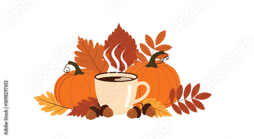 Cozy autumn coffee cup surrounded by pumpkins and falling leaves for a warm seasonal experience
