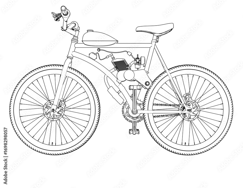 Fototapeta premium Motorized Bicycle Technical Drawing: Detailed Outline Internal Combustion Petrol Engine Push Bike Illustration, Mechanical Engineering Blueprint, Design Plan and DIY Conversion Concept Art Schematic.