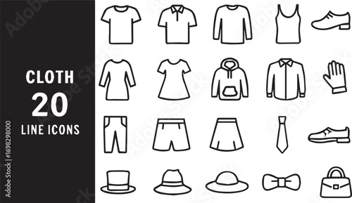 men and women cloth icon, 20 line icon vector set