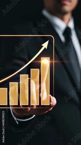 A businessman touching virtual bar graph growth chart success financial increase professional black suit technology optimistic upward arrow digital