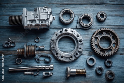 Assortment of disassembled car transmission parts and gears on a blue wooden surface.