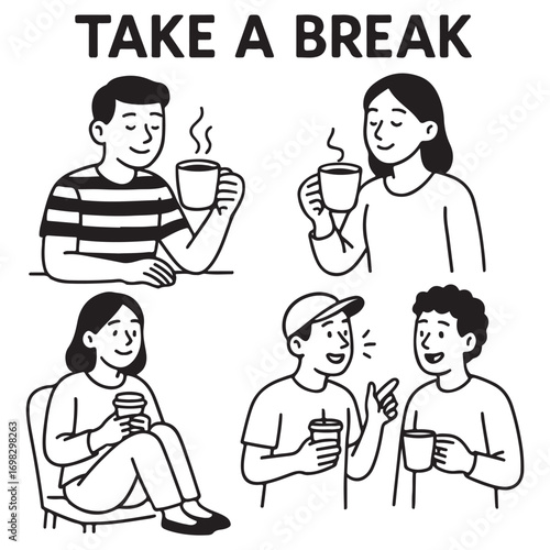 people enjoying free time, drinking coffee, daily routine, invitation to hang out, 
for social media stickers and posts, marketing, restaurants and coffee bars vector