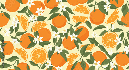 Vibrant orange grove pattern with blossoms and slices fresh citrus fruit