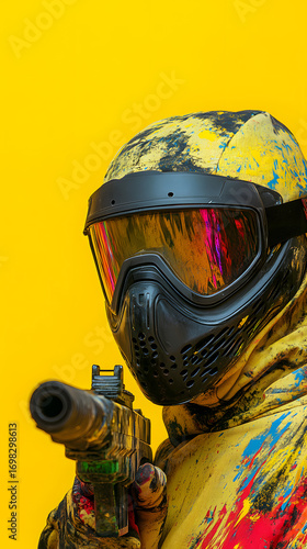A Bright and Energetic Scene from a Colourful Paintball Competition vertical - yellow background