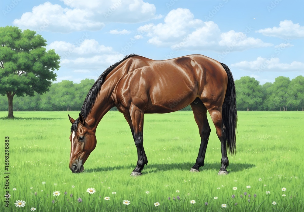 Obraz premium A Chestnut Horse Grazes in a Lush Green Pasture under a Summer Sky: A Peaceful Pastoral Scene