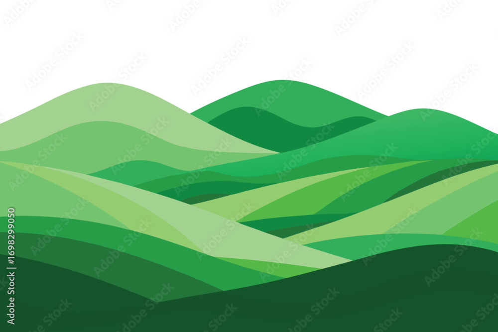 Obraz premium Shades of Green Wavy Hill and Mountain Landscape Illustration Art, Minimalist Design