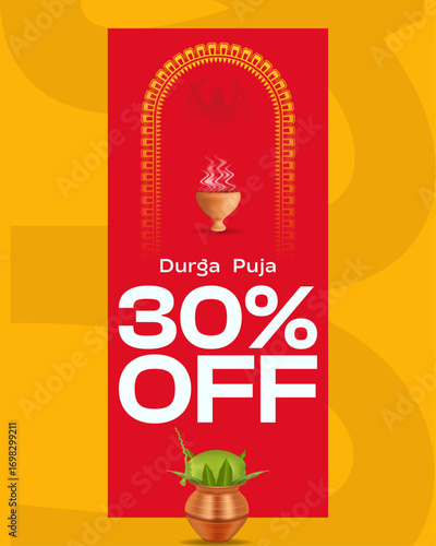 Durga Puja Sale 30% Off Red. Navratri Celebration. And. Happy Durga Puja