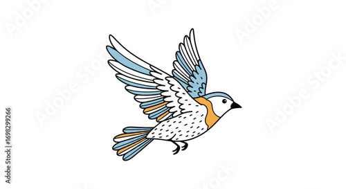 A beautifully illustrated small bird taking flight with its wings spread wide against a white background