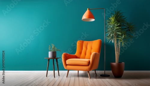 a modern minimalist living room features a vibrant orange armchair a floor lamp and a large potted plant against a teal wall