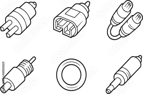 Collection of automotive electrical connectors and sensors isolated on white background