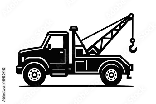 Tow Truck with Crane Icon - Black and White Vector Illustration for Vehicle Service and Transport