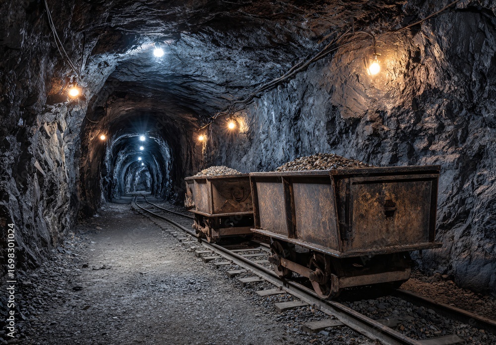 Naklejka premium Deep Underground Exploring a Coal Mine's Depths and History with Illuminated Tracks