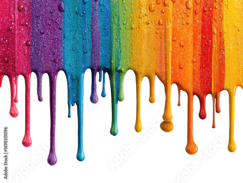 Vibrant dripping rainbow stripes against a black background.  Water droplets cling to the colorful, viscous paint streaks
