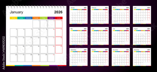 Colorful wall calendar for 2026 on dark background, week starts on Monday.