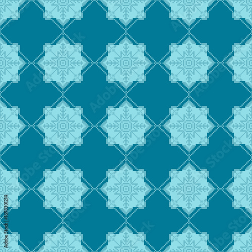 Seamless Pixel Snowflake Pattern with Geometric Winter Motifs in Blue and Cyan Decorative Design