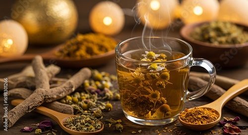 Ayurvedic sleep rituals warm herbal tea with chamomile and spices in a cup