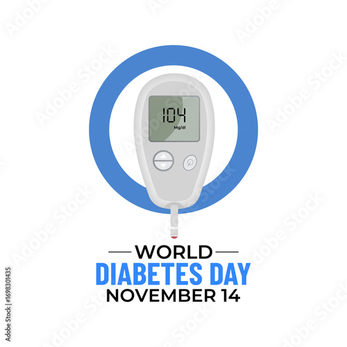 World Diabetes Day on November 14 promotes awareness on diabetes prevention, early detection, healthy living, treatment, and global support.Diabetes Test Machine with blood and Stethoscope icon vector