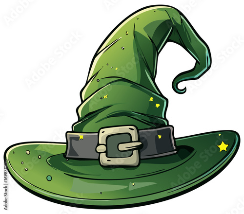 Green witch hat cartoon clipart illustration, isolated 