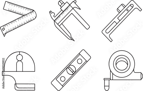 Collection of hand drawn engineering and measuring tools isolated on white background