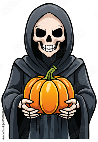 Grim Reaper holding a pumpkin, halloween cartoon clipart illustration, isolated 
