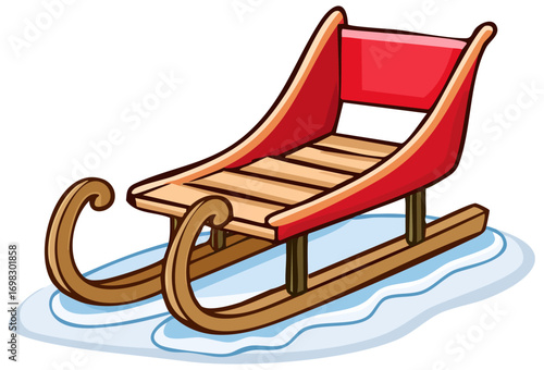Red wooden snow sled on snow, isolated 