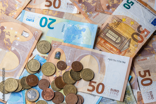 Euro currency background with banknotes and coins