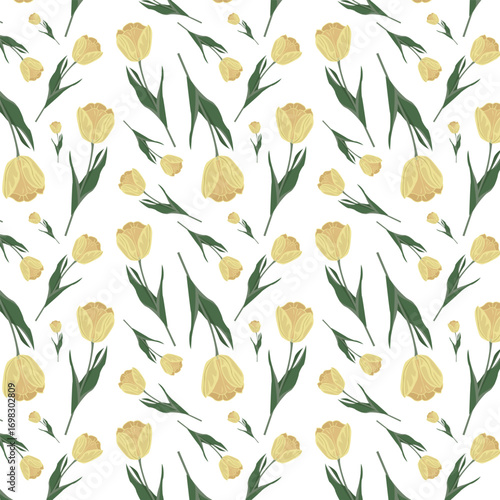 Yellow tulip seamless pattern with transparent background – spring floral design for fabric, packaging, wedding and digital projects. 8 March, women day design