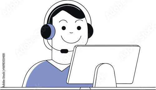 Friendly customer service representative with headset smiling while working on computer technology support and assistance concept