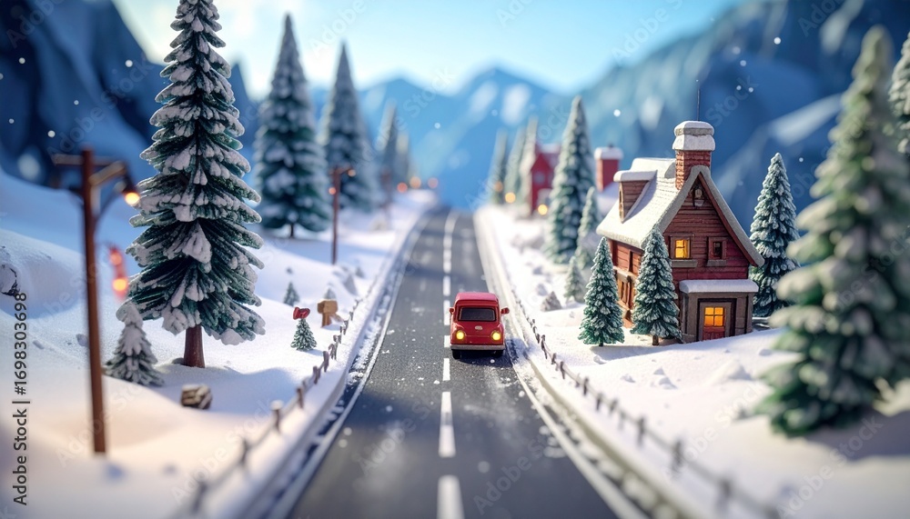 Fototapeta premium 雪道の風景（ミニチュア）