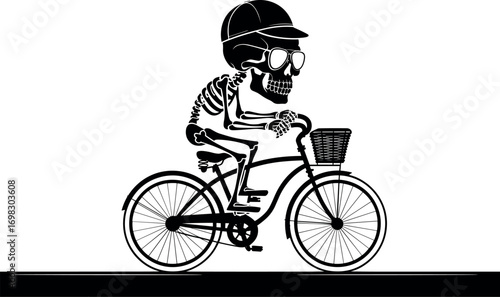 Whimsical skeleton cyclist rides a bicycle with a basket embracing a lighthearted spooky vibe for your designs
