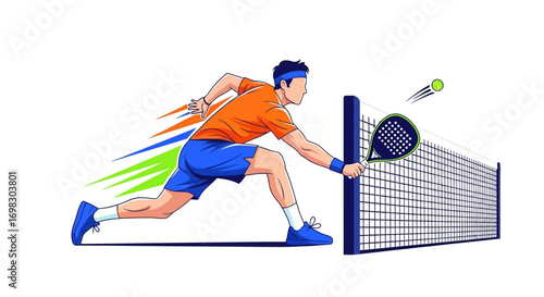 Illustration of a man playing tennis, hitting a ball with his racket over the net, dynamic motion lines suggesting speed and action, concept of sport and healthy lifestyle