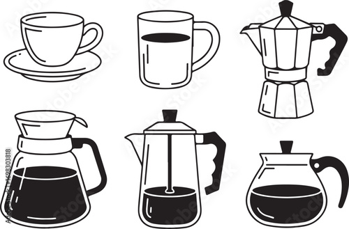 Collection of hand drawn coffee making equipment and cups isolated on white background