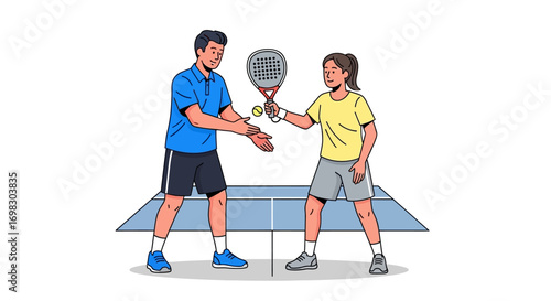 Two individuals playing a racket sport on a court, one coaching the other, with rackets and balls, illustrating a sports lesson or friendly game