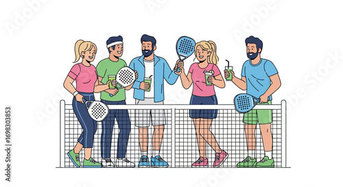 A diverse group of friends enjoying a fun game of pickleball together on a sunny day, holding paddles and drinks, with a net separating them