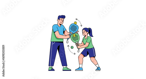 Father and daughter playing tennis, a happy family moment with a coach teaching a child the sport, promoting a healthy and active lifestyle on a white background